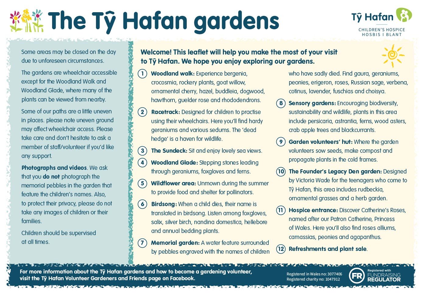 Tŷ Hafan gardens leaflet key, listing and describing the twelve garden areas