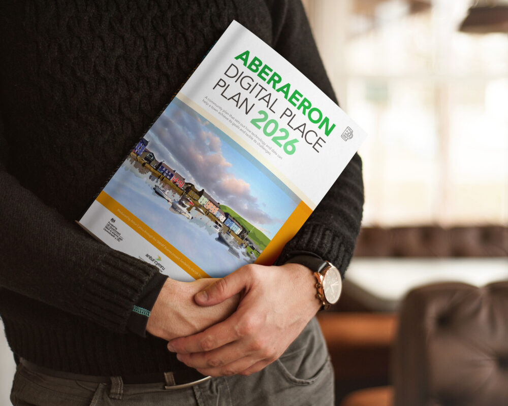 Aberaeron Digital Place Plan 2026 brochure designed by GD Graphics for Antur Cymru, with a watercolour cover illustration
