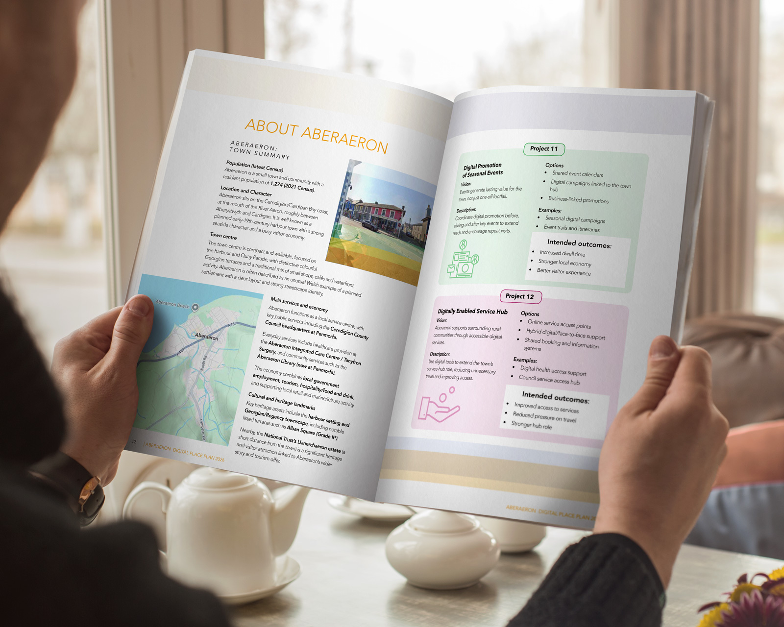 Inside spread of the Aberaeron Digital Place Plan showing the town summary and colour-coded project panels